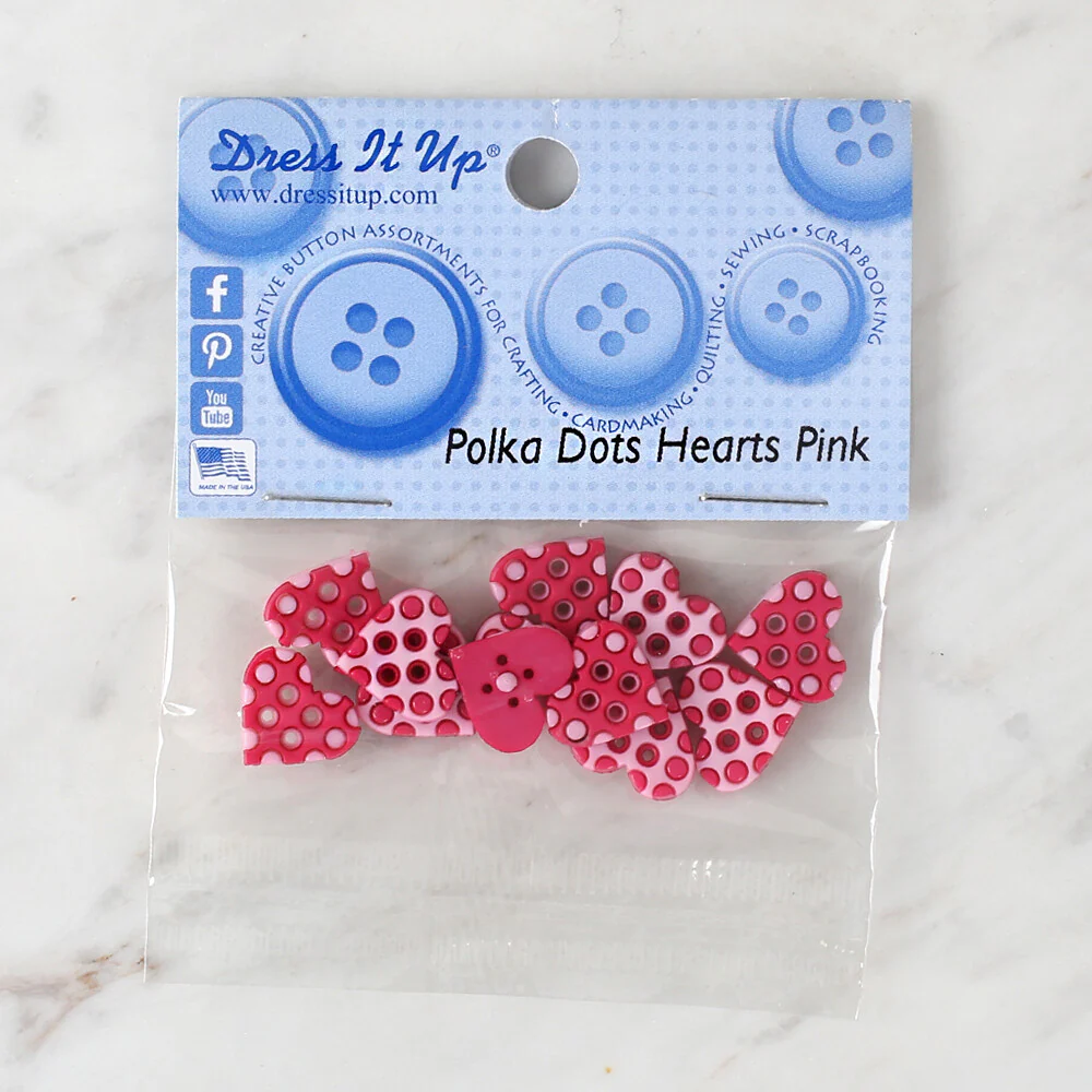 Dress It Up Creative Button Assortment, Polka Dots Hearts Pink - 9461