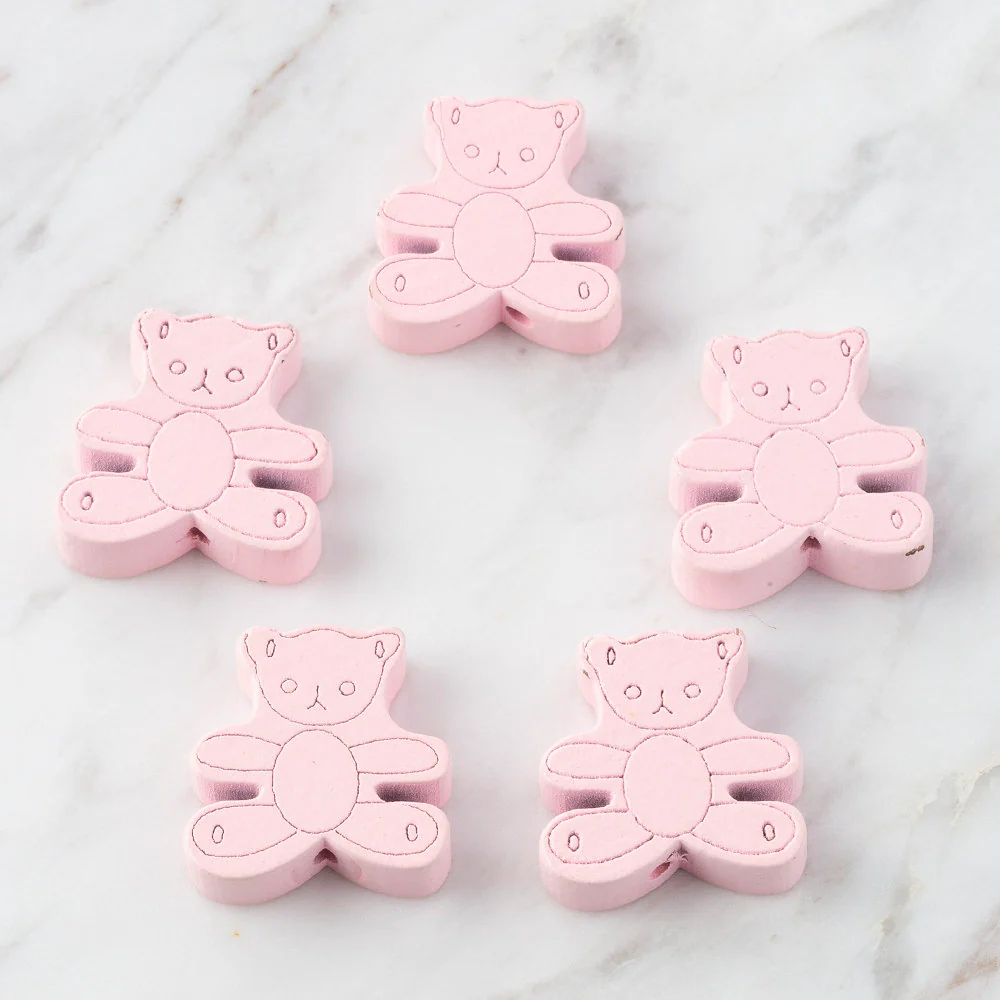 Loren 5 Pcs Teddy Bear Shaped Wooden Bead, Pink