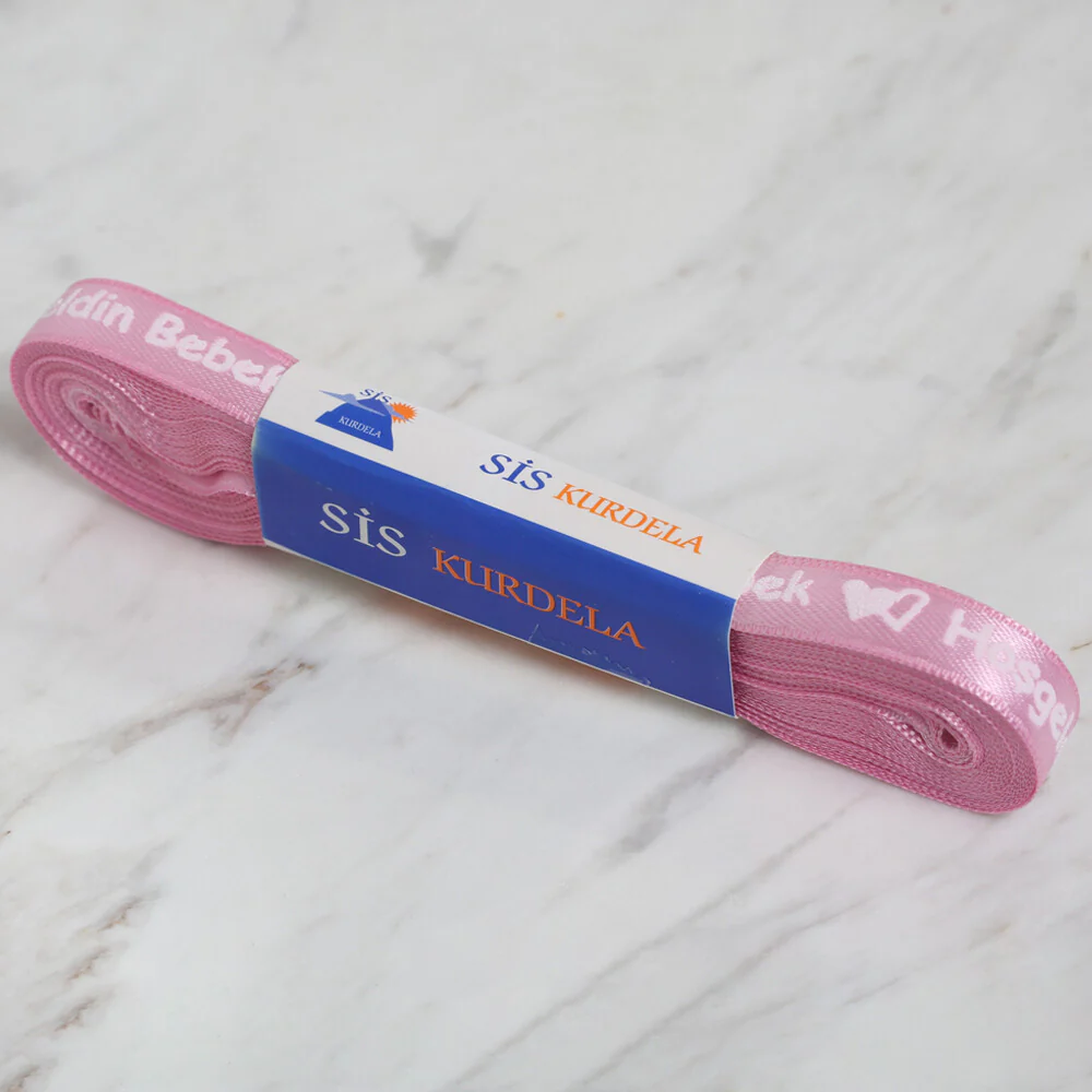 Loren Crafts 1 cm 10 m Pembe Satin "Hoşgeldin Bebek" Printed Ribbon