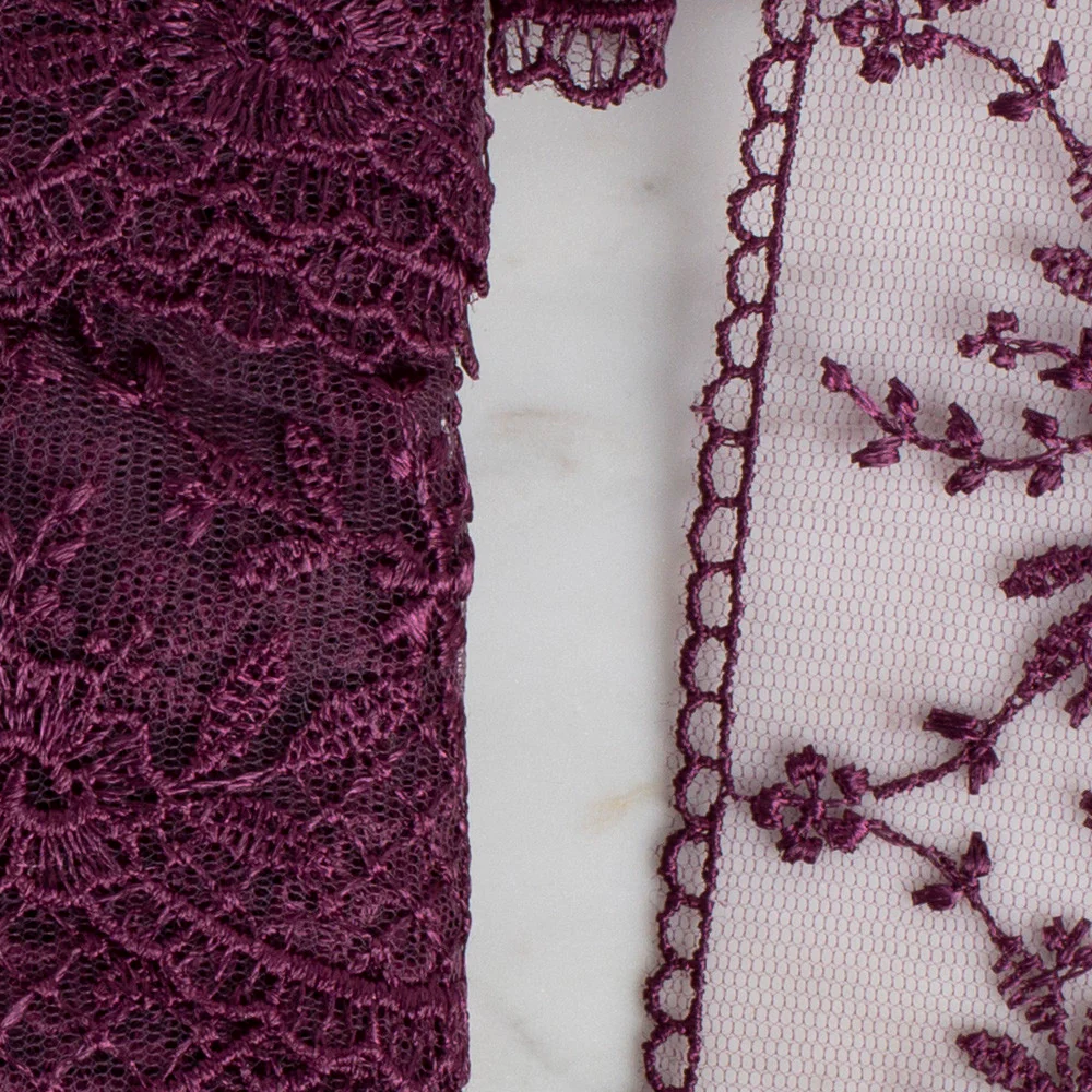 Önel Lace Ribbon, 6 cm, Aubergine, Flower Patterned - 61 - Image 2