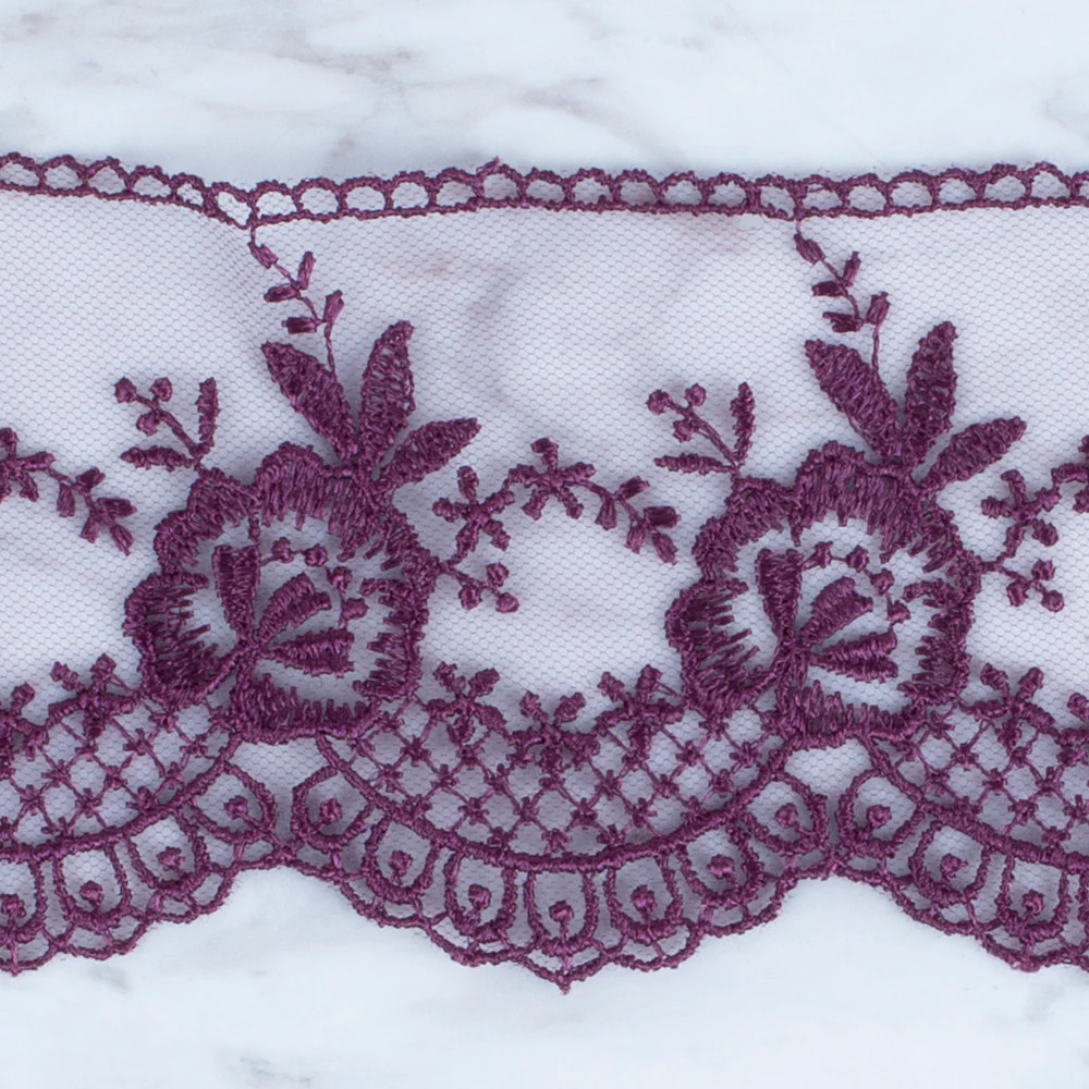 Önel Lace Ribbon, 7 cm, Aubergine, Flower Patterned - 67