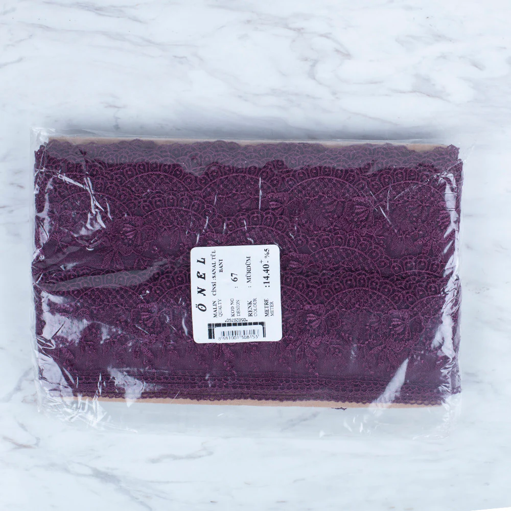 Önel Lace Ribbon, 7 cm, Aubergine, Flower Patterned - 67 - Image 3