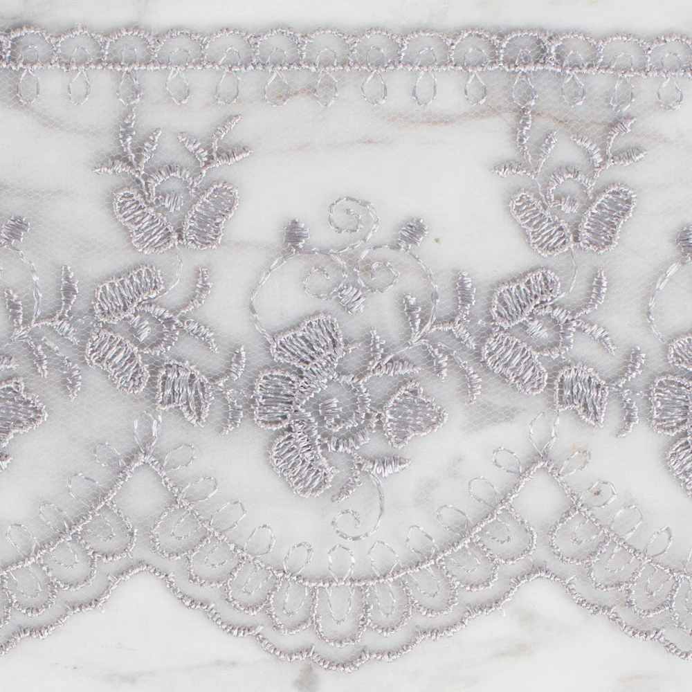Önel Lace Ribbon, 9 cm, Grey, Flower Patterned - 672
