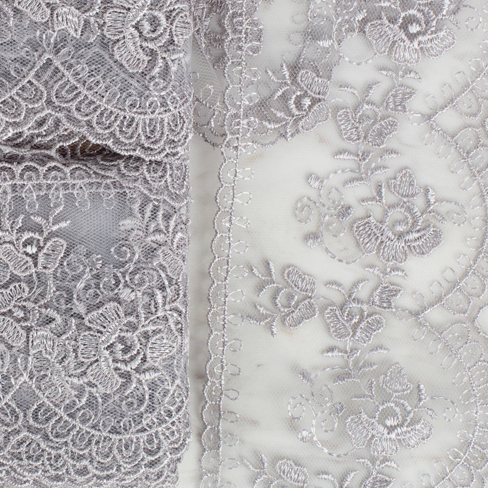 Önel Lace Ribbon, 9 cm, Grey, Flower Patterned - 672 - Image 2