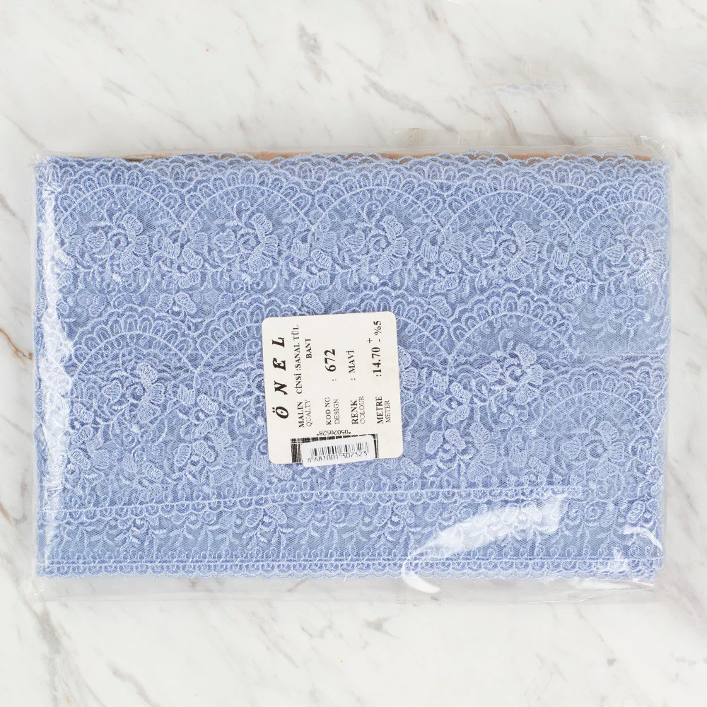 Önel Lace Ribbon, 9 cm, Light Blue, Flower Patterned - 672 - Image 3