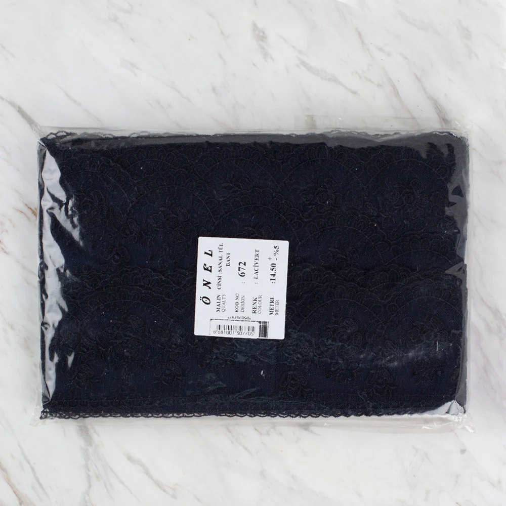 Önel Lace Ribbon, 9 cm, Navy Blue, Flower Patterned - 672 - Image 3