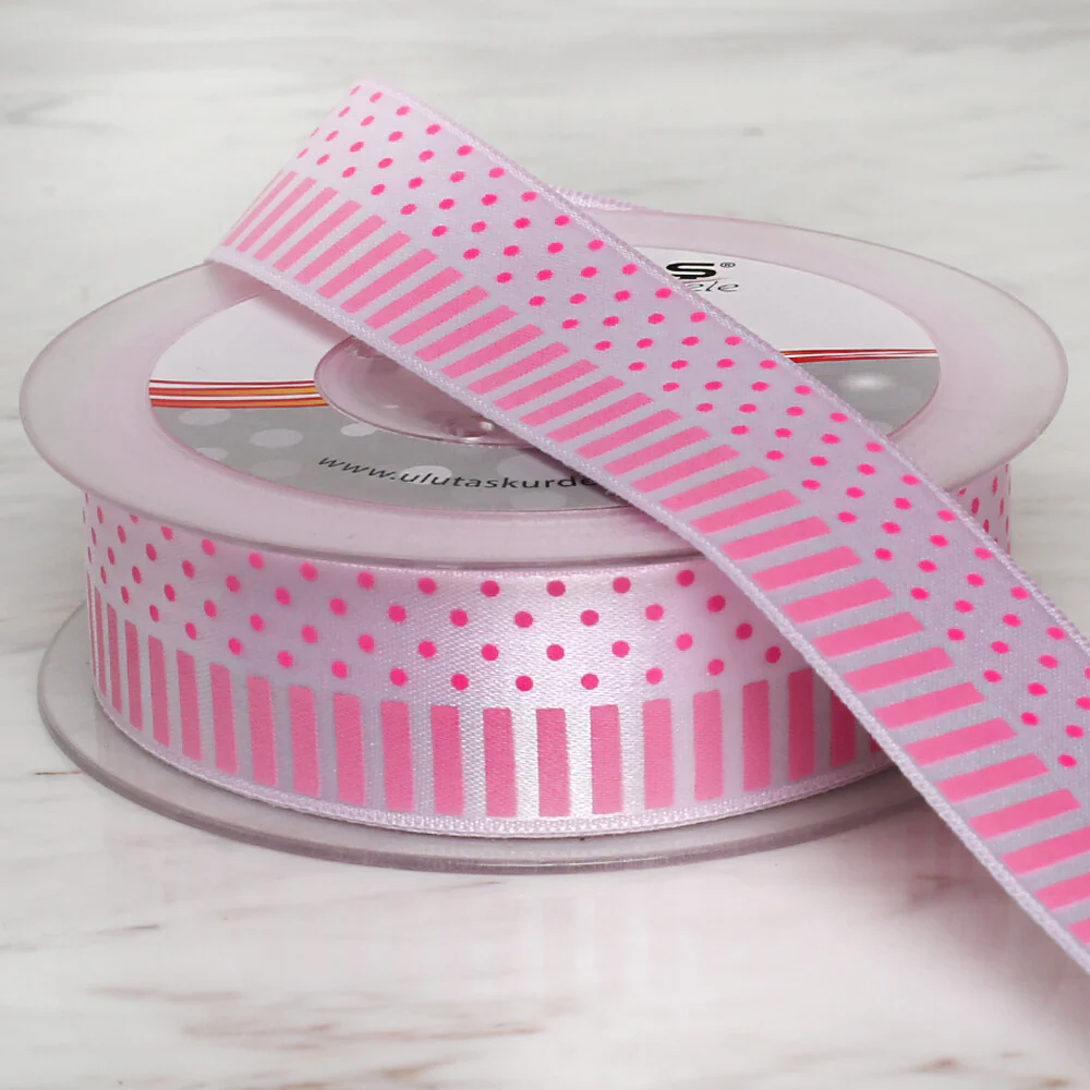 Ulutaş  2.5 cm 20 m Patterned Satin Ribbon, Pink