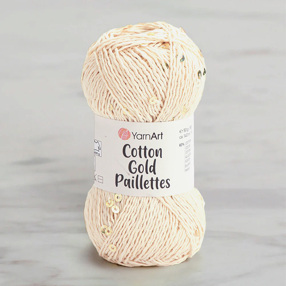 Yarnart Cotton Gold Paillettes Hand Knitting Yarn , Cream - 7103