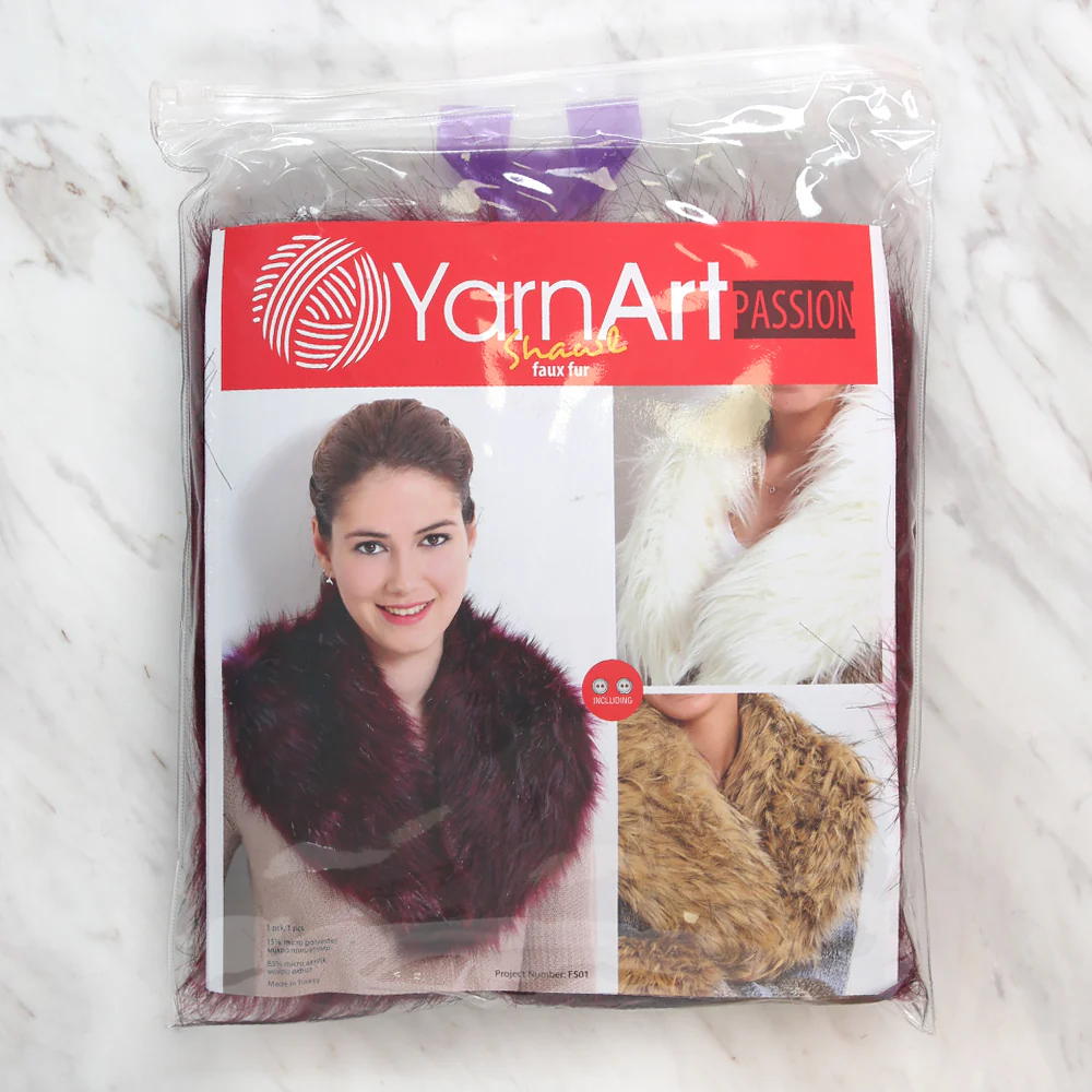 Yarnart Shawl - Faux Fur Collar Burgundy - F501 - Image 3